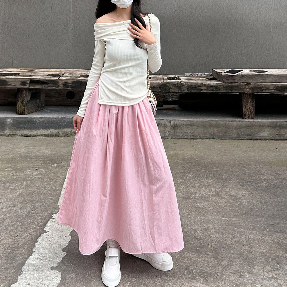 Solid Color Casual Long Skirt For Women Fashion Girl S-2XL Party Nice Designs Candy Color Mid Waist Elastic A-Line Skirts Female