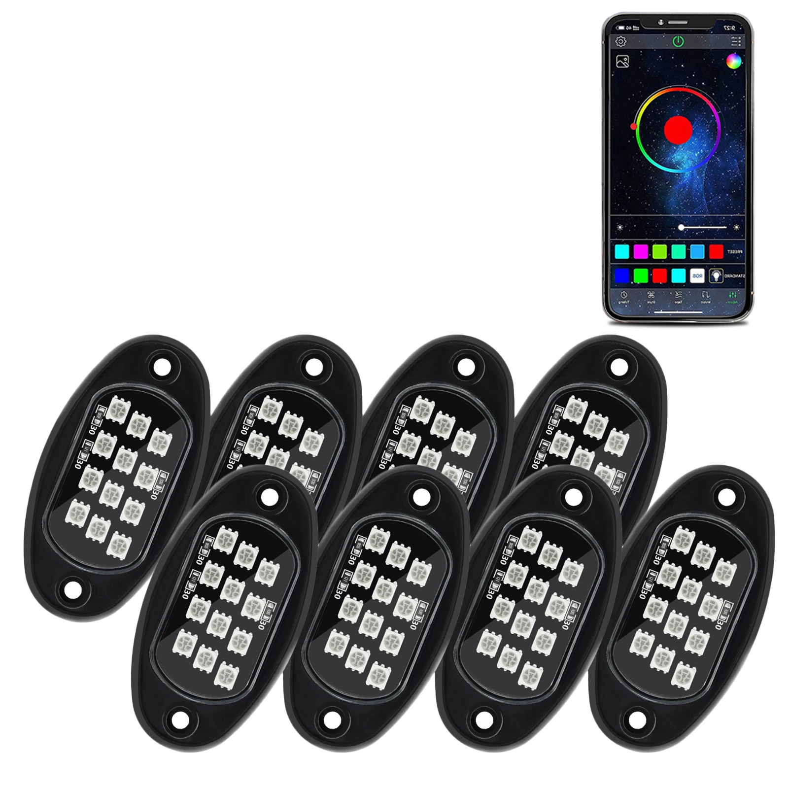 LED Rock Lights 8pcs Multicolor LED Lights Brightness Adjustment Waterproof with APP BT Sync with Music Function for SUV ATV UTV