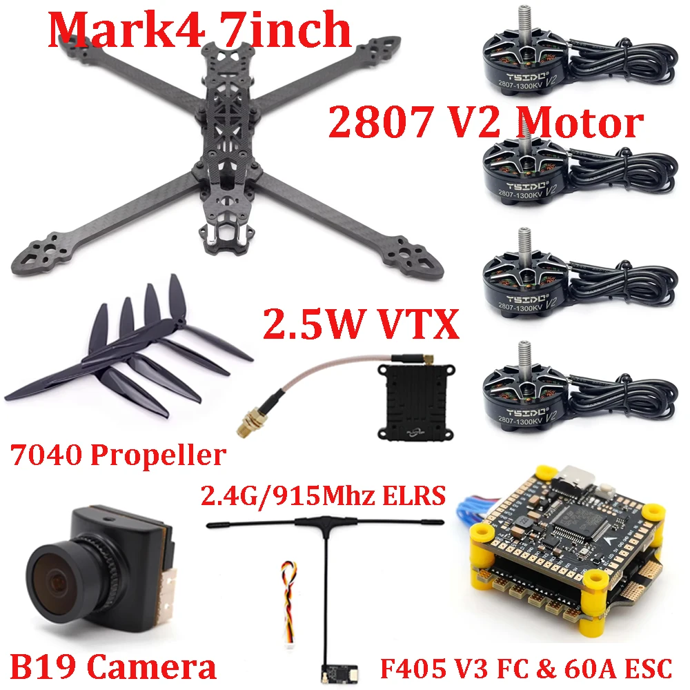 Mark4 7inch Frame Kit F405 V3 FC 60A ESC Stack Combo 2807 1300KV Motor 7040 Propeller 2.5W VTX ELRS for RC FPV Racing Drones DIY