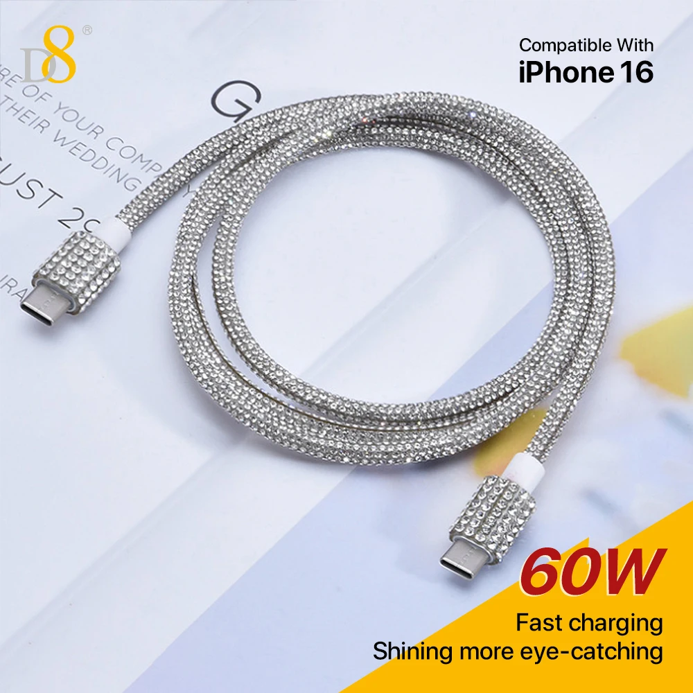 D8 60W USB C to USB C Cable Fast Charging,  Crystal Decoration,Diamond Shine, Compatible with iPhone 15/Pro/Plus/Pro Max, MacBoo