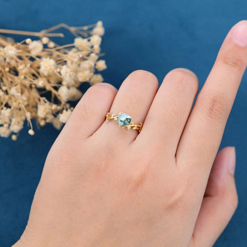 Elegant Leaf Shaped Round Natural Green Stone Ring Moss Agate Engagement 925 Sterling Silver Band for Women Fine jewelry Gift