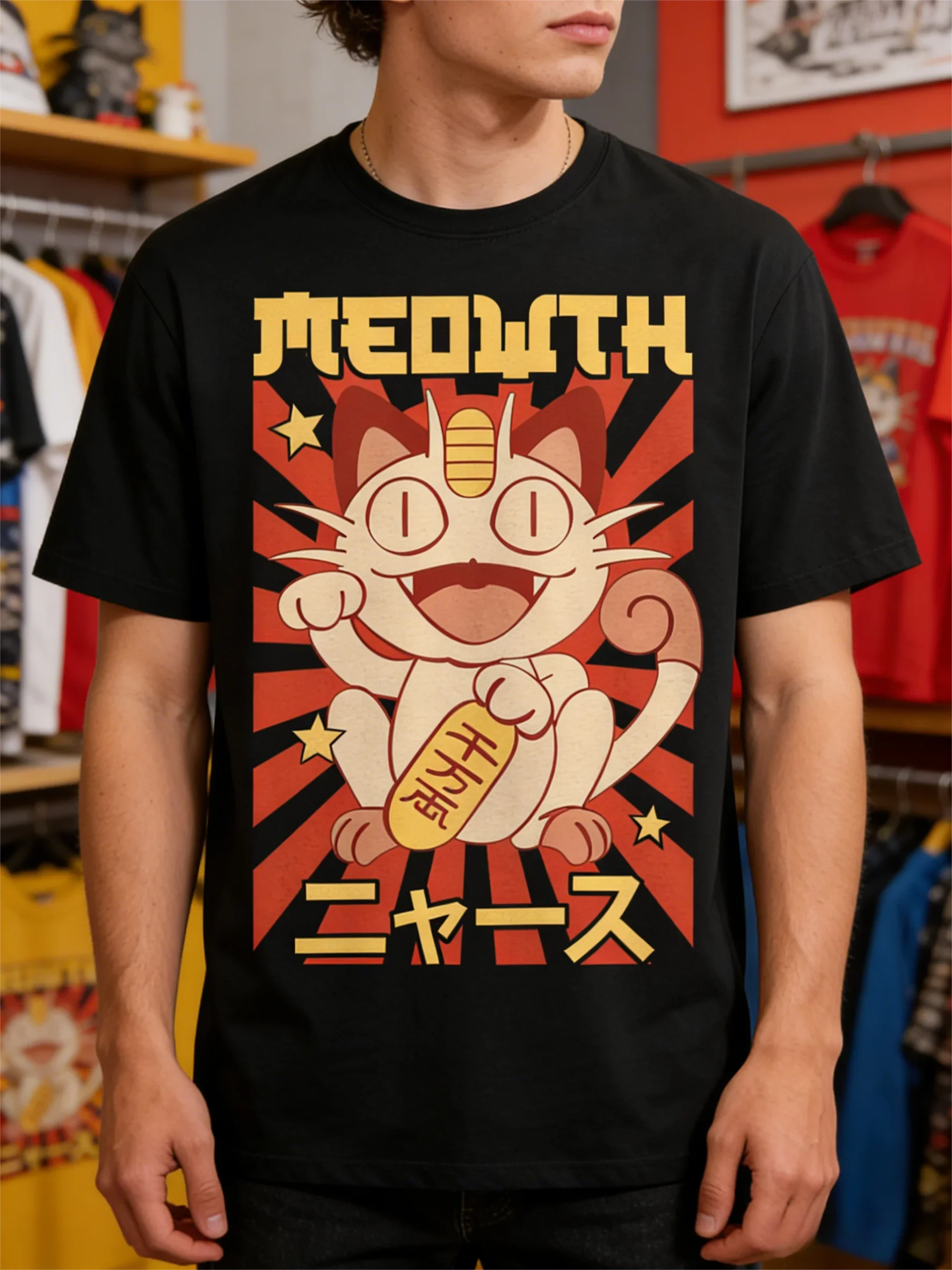 

Loose Fit High Quality Cotton Pokemon Meowth T Shirt Holding Gold Bar with Japanese Text Red Black Stripe Yellow Stars Casual