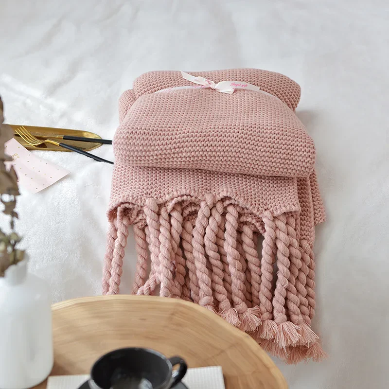 Nordic solid color retro tassel knitted blanket office sofa blanket photo decoration leisure model bed end blanket