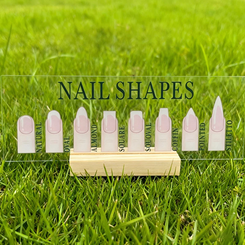 แผ่นโชว์รูปทรงเล็บอะคริลิคพร้อมฐานไม้ ปลายนิ้วหุ่นจำลอง และคู่มือรูปทรงเล็บ ป้ายศิลปะแบบคงที่สำหรับตกแต่งร้านเสริมสวย