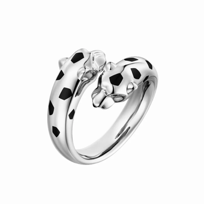 Luxury Designer 925 Sterling Silver Open Ring Double Headed Green Eyes Leopard Zebra Print Speckle Women Wedding Party Jewelry