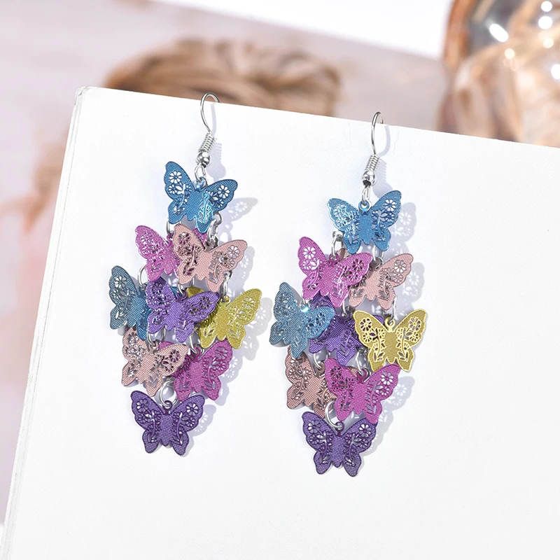 Cute Multilayer Colorful Butterfly Earrings For Women Hollow Geometric Butterflies Earrings Bohemian Long Drop Dangle Jewelry