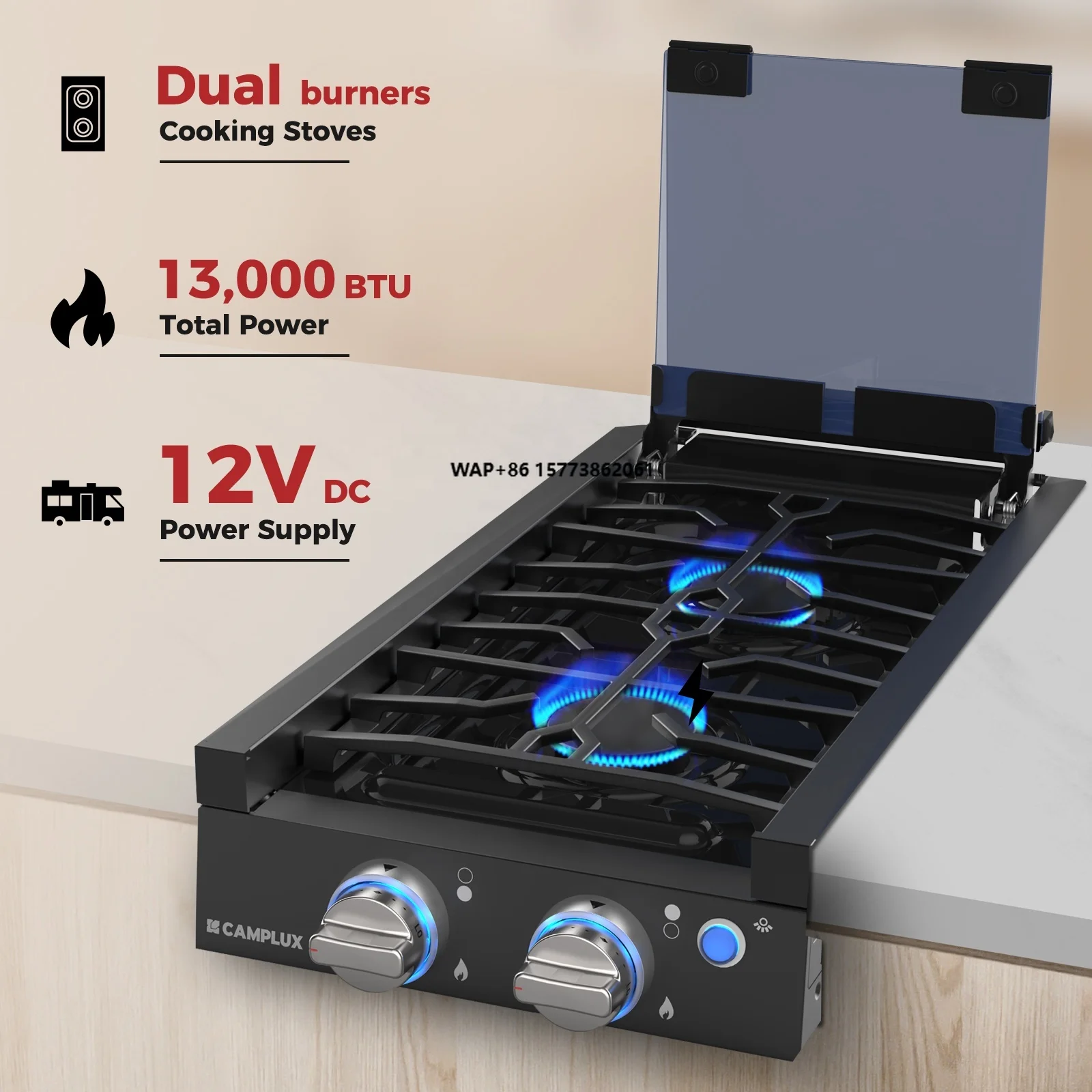 

2-Burner 13K BTU Propane RV Cooktop Slide-in Built-in Stove with Tempered Glass Cover and Blue Flame Indicator