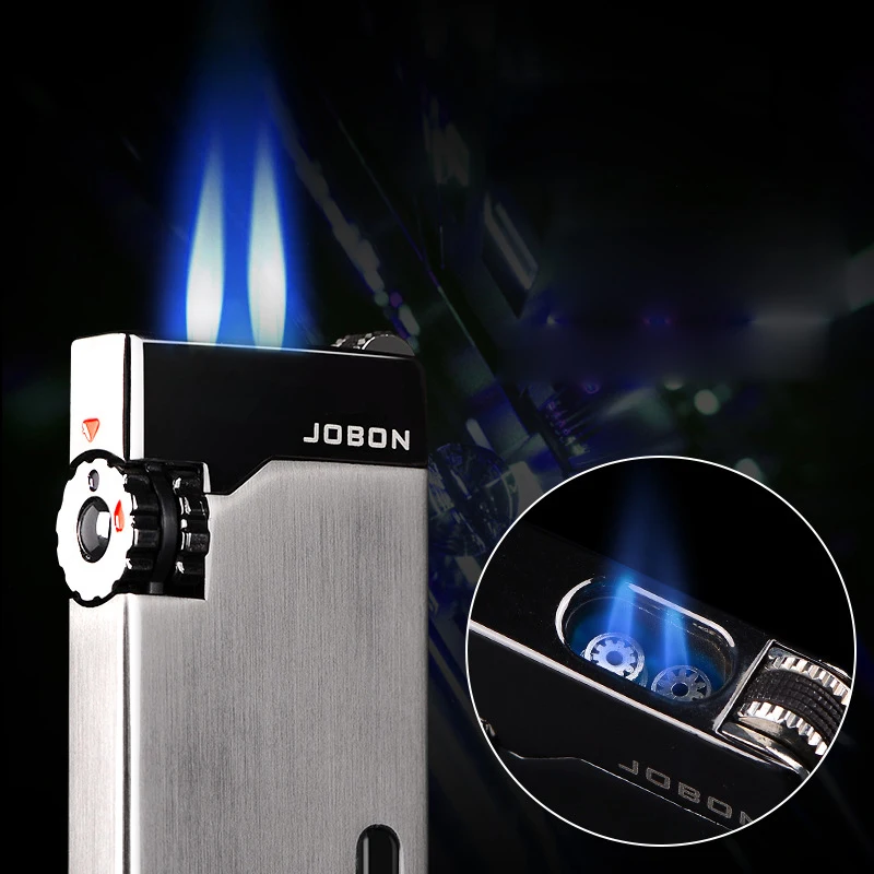 

Creative wheel windproof lighter blue double fire personalized visible gas box adjustable flame ignition tools men's gifts