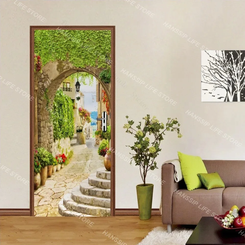 3D Green Plant Bamboo Door Sticker Self Adhesive Forest Palm Tree Bridge Landscape Door Mural Poster Home Decorative Wallpaper view 3