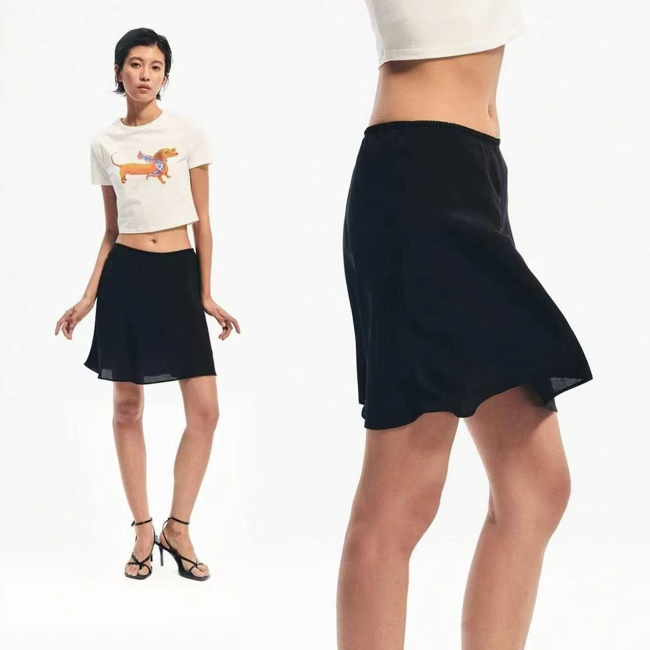 Black Elastic Waist Mesh A-Line  Skirt Women Summer Lightweight Breathable Drapey Slimming Skirts Country Style Low Waist