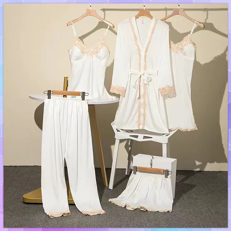 

5PC Women's Pajamas Gown Sets Long Silk White Home Robe Suit Lace Nightgown V-Neck Nightwear Nightdress Sleeping Clothes