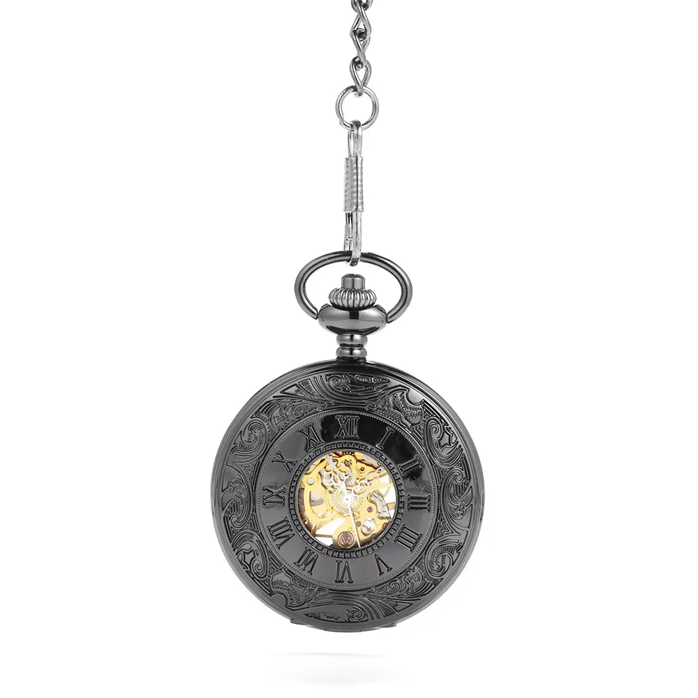 8947  Black Roman scale carved mechanical pocket watch retro gift personality creative black face quartz pocket watch