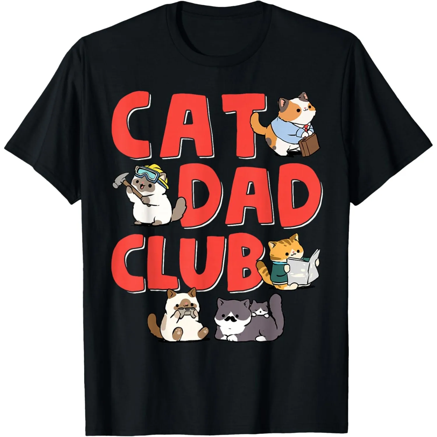 Cat Dad Club Funny Graphic Tee Men Cute Cats Print Crew Neck Short Sleeve T-Shirt