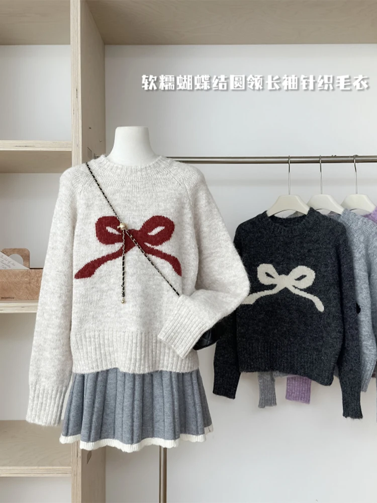 Women Grey Bow Pullover Sweater Harajuku Long Sleeves O-Neck Oversize Sweaters Jumper 90s Vintage Y2k 2000s Clothes Autumn 2024