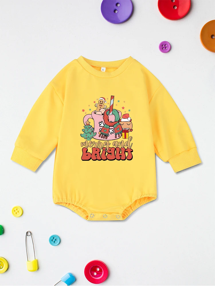 Merry and Bright Christmas Newborn Baby Boys and Girls Clothes Long Sleeve Bodysuit Sweatshirt Cartoon Fashion Infant Jumpsuit