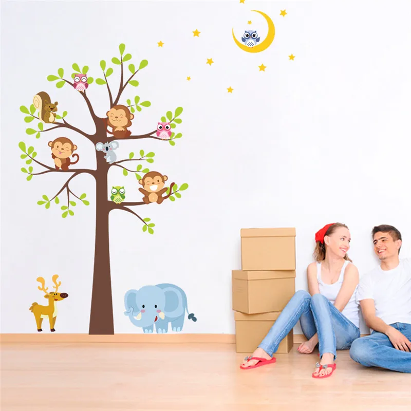 Lovely Monkey Owlet Animal Big Tree Wall Sticker For Kids Room Kindergarten Home Decoration Cartoon Safari Mural Art Pvc Decals