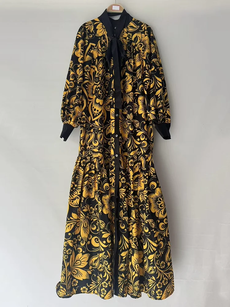 

Retro geometric print stand up collar tied waist dress 2025 autumn women's shirt skirt fashionable loose long fluffy skirt