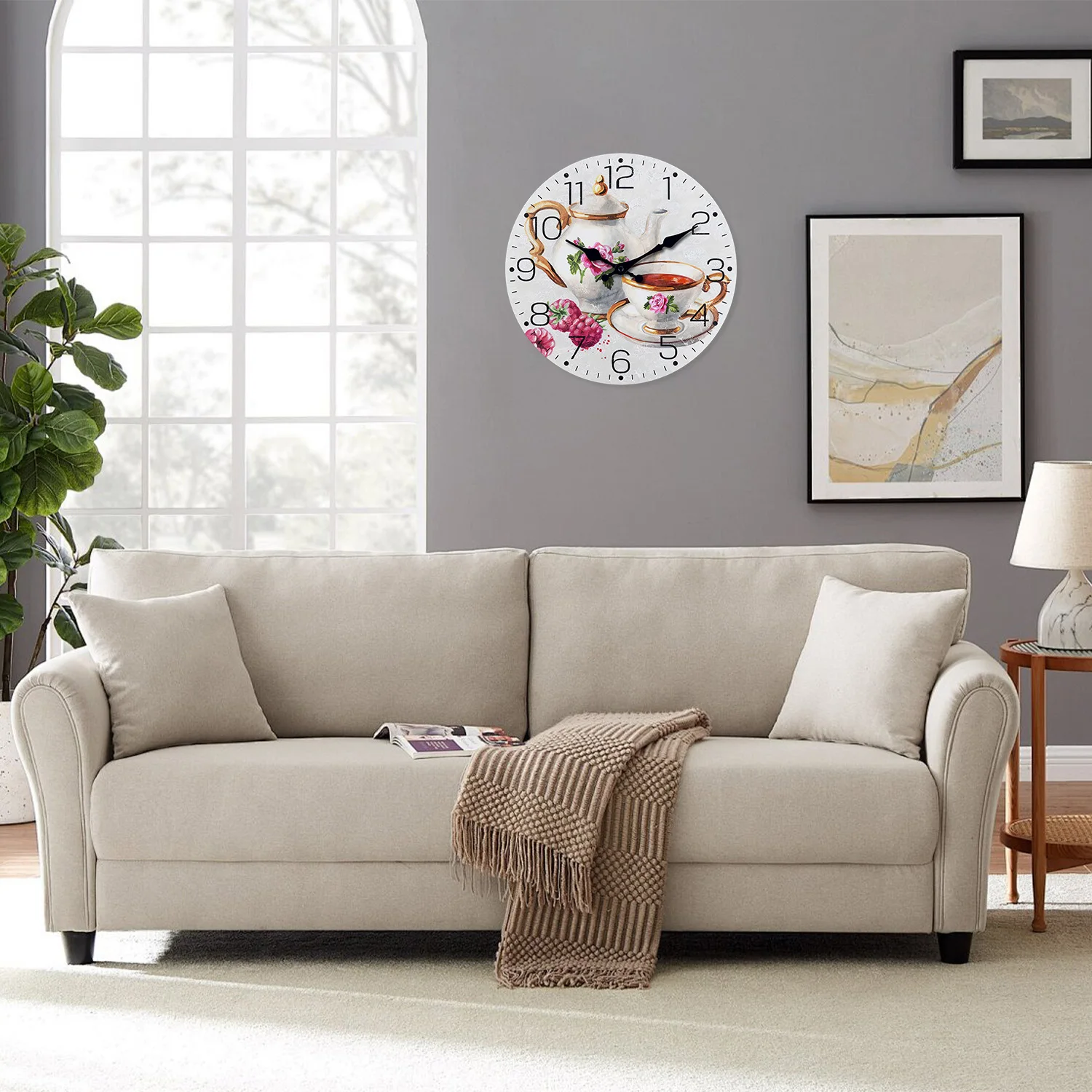 French Retro Teapot and Teacup Pattern Wooden Wall Clock for Living Room, Bedroom, Kitchen, Home Decoration, Silent Quartz Clock, Holiday Gift, 10