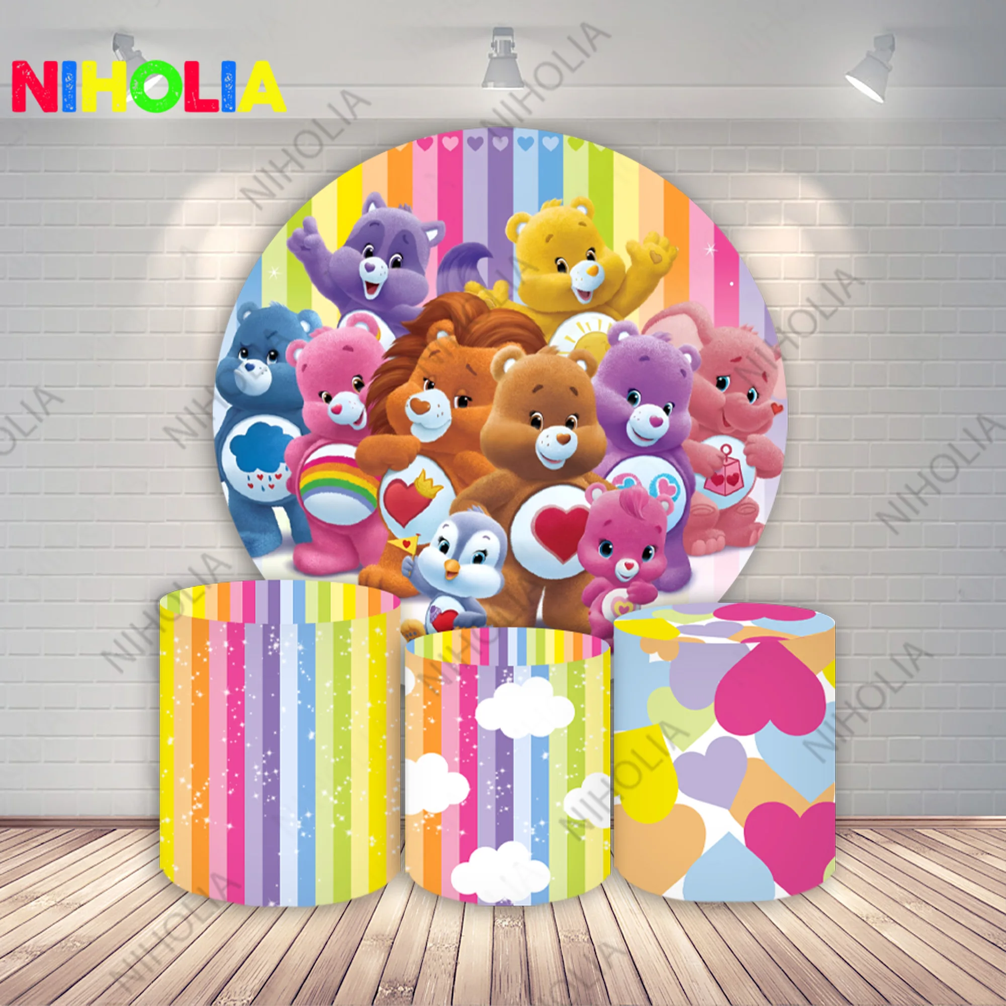 

MINISO Care Bears Round Photo Backdrop Kids Birthday Party Baby Shower Decoration Background Cylinder Cover For Cake Table