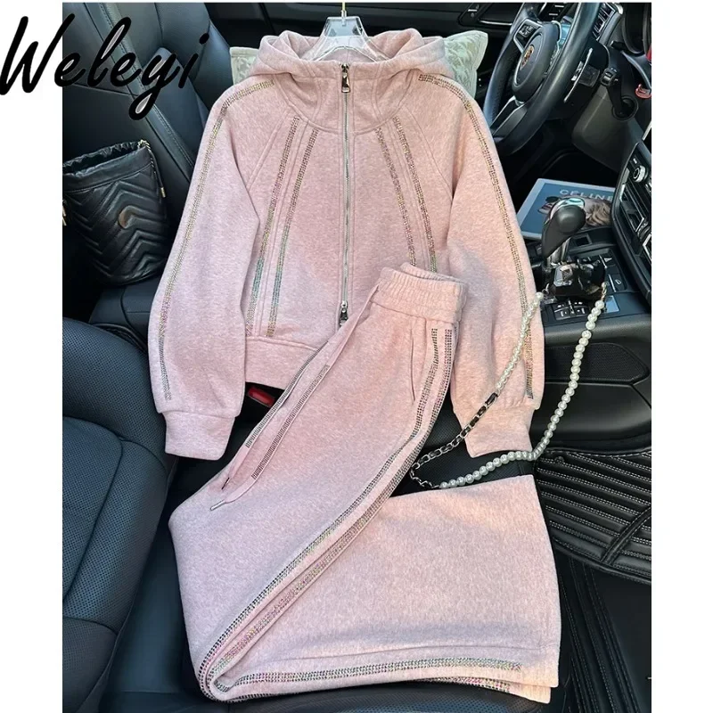 Sports Women's Pink Sweatshirt Pants Set 2024 Spring Autumn New Beautiful Long Sleeve Hooded Top Casual Trousers Two-piece Suit