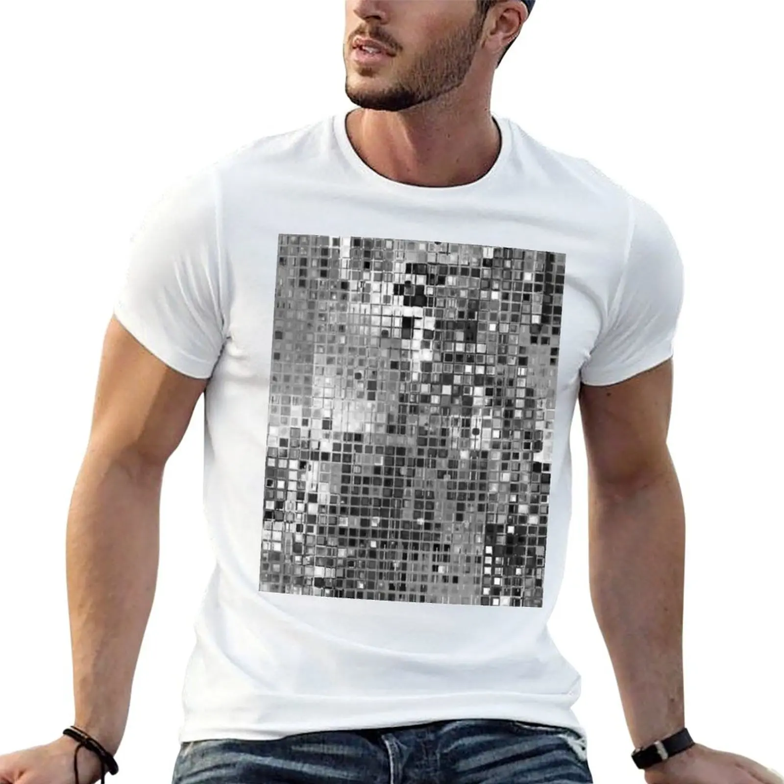 Camiseta realista con diseño de bola de discoteca, fiebre disco, baile boogie, club de los años 70, fiesta disco, cuadros plateados, elegante, NO BRILLE EN REALIDAD, camiseta con diseño de bola de discoteca, baile boogie, club de los años 70, fiesta disco