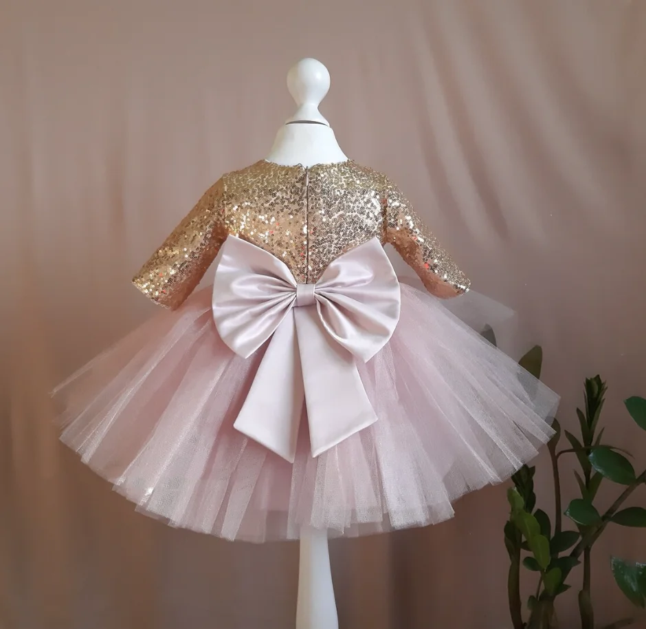 

New Glitter Tulle Flower Girl Dress Wedding Kid Gown With Bow Children's First Birthday Dress Princess Ball Gown