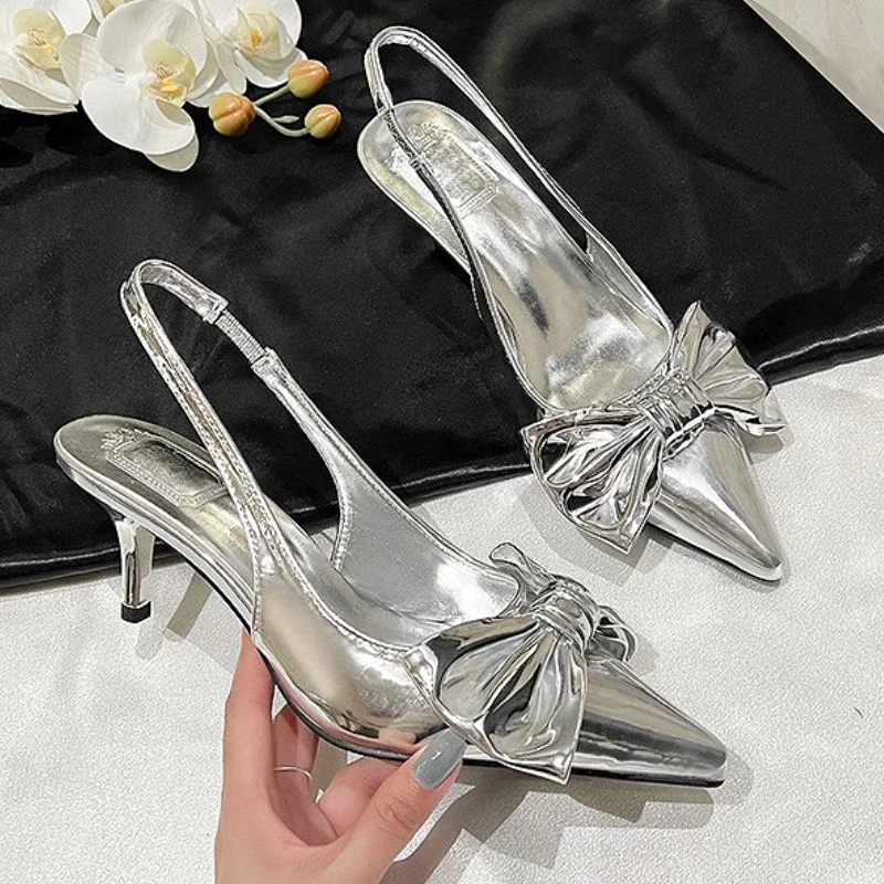 

Bow Pointed Toe Muller Shoes Women Sweet Fashion Elegant Slingbacks Thin Heels Women Gold Comfy Sandals Women Sandalias De Mujer