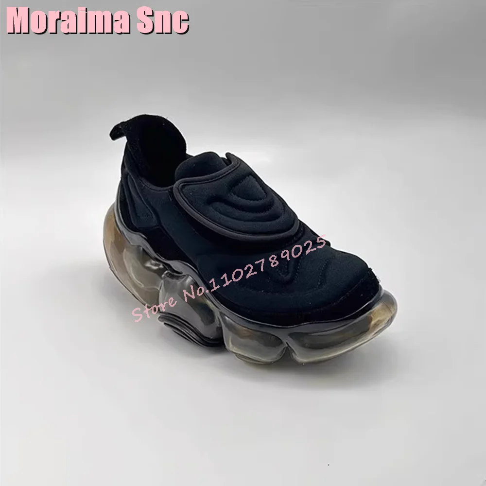 Sneakers Hook Loop in vera pelle punta tonda trasparente crescente alta luce blu moda unica donna scarpe Casual sport 2024 nuovo