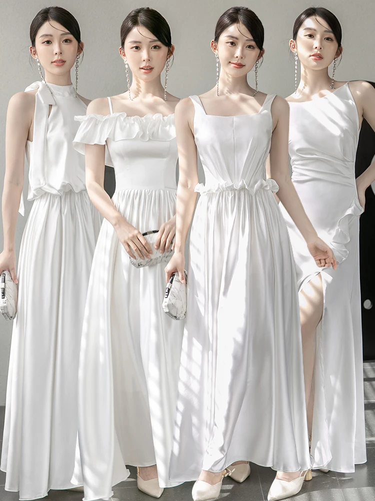 

Белое атласное платье A-силуэта для подружек невесты, для свадьбы и помолвки, из полиэстера, с завышенной талией, свадебное платье