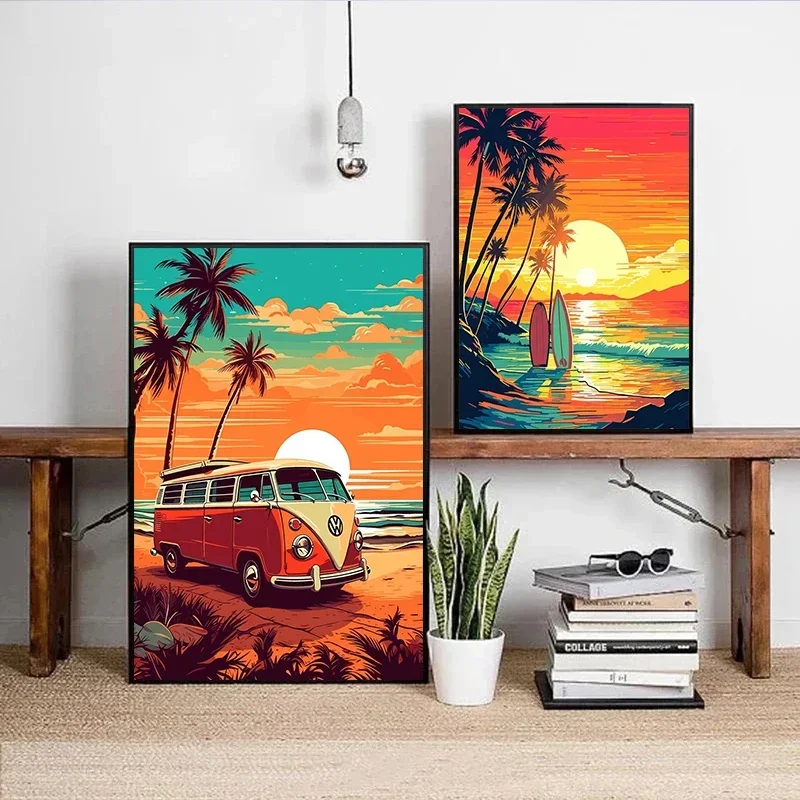 Retro Vintage Nature Bus on The Beach Posters Prints Travel Surf Board Sea Sunset Surfboard Canvas Painting Wall Art Home Decor