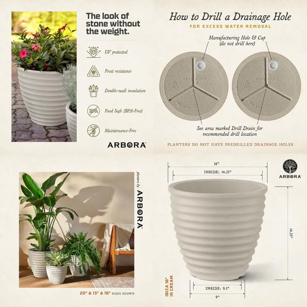 

Polyresin Planter - Classic Cream, Durable Outdoor and Indoor, Large Pot for Patio, Garden, Deck, Entryway