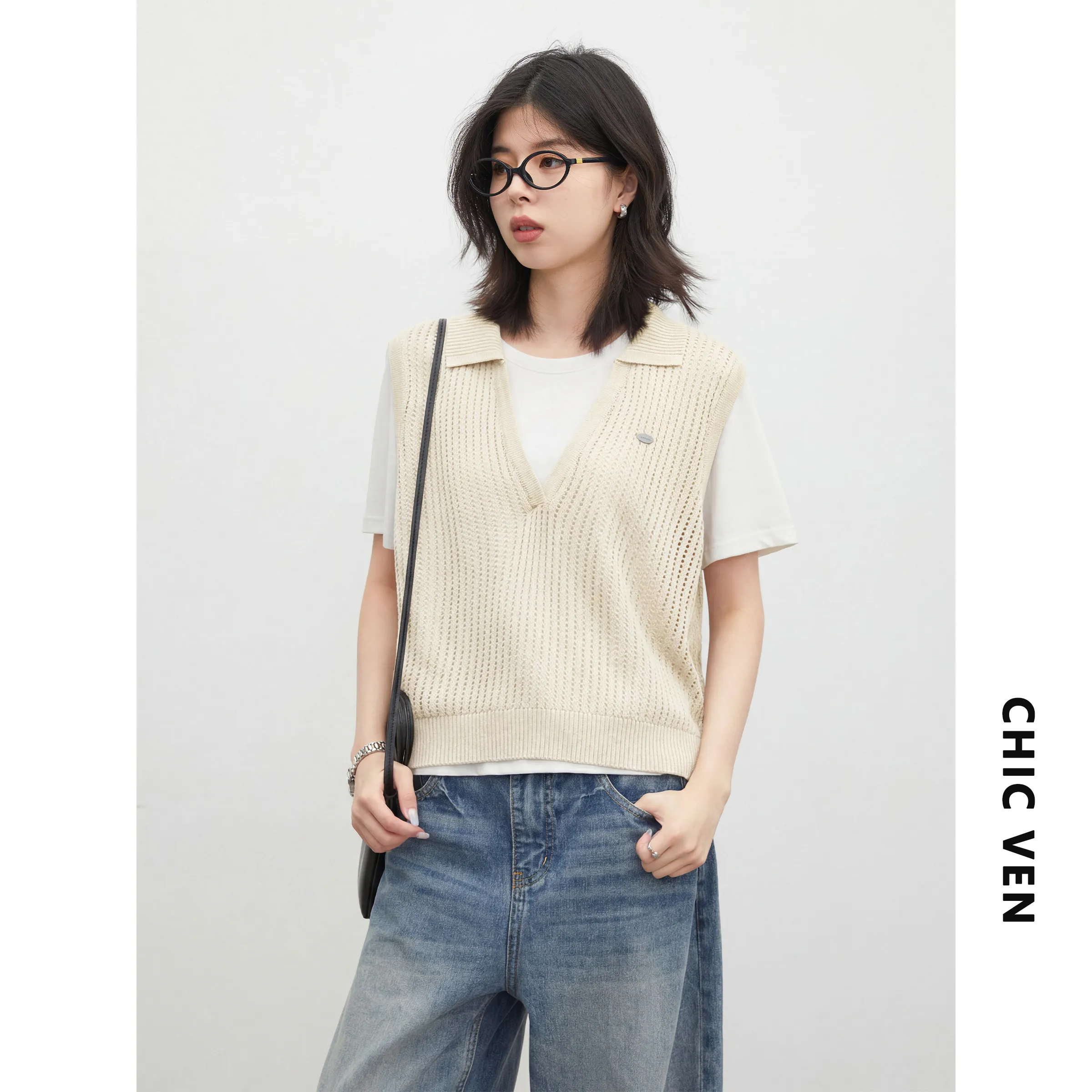 CHIC VEN Fashion Women Sets Casual Loose O-neck T-shirts Laple V-neck Solid Knitted Vests Female Clothes Spring Summer New 2026