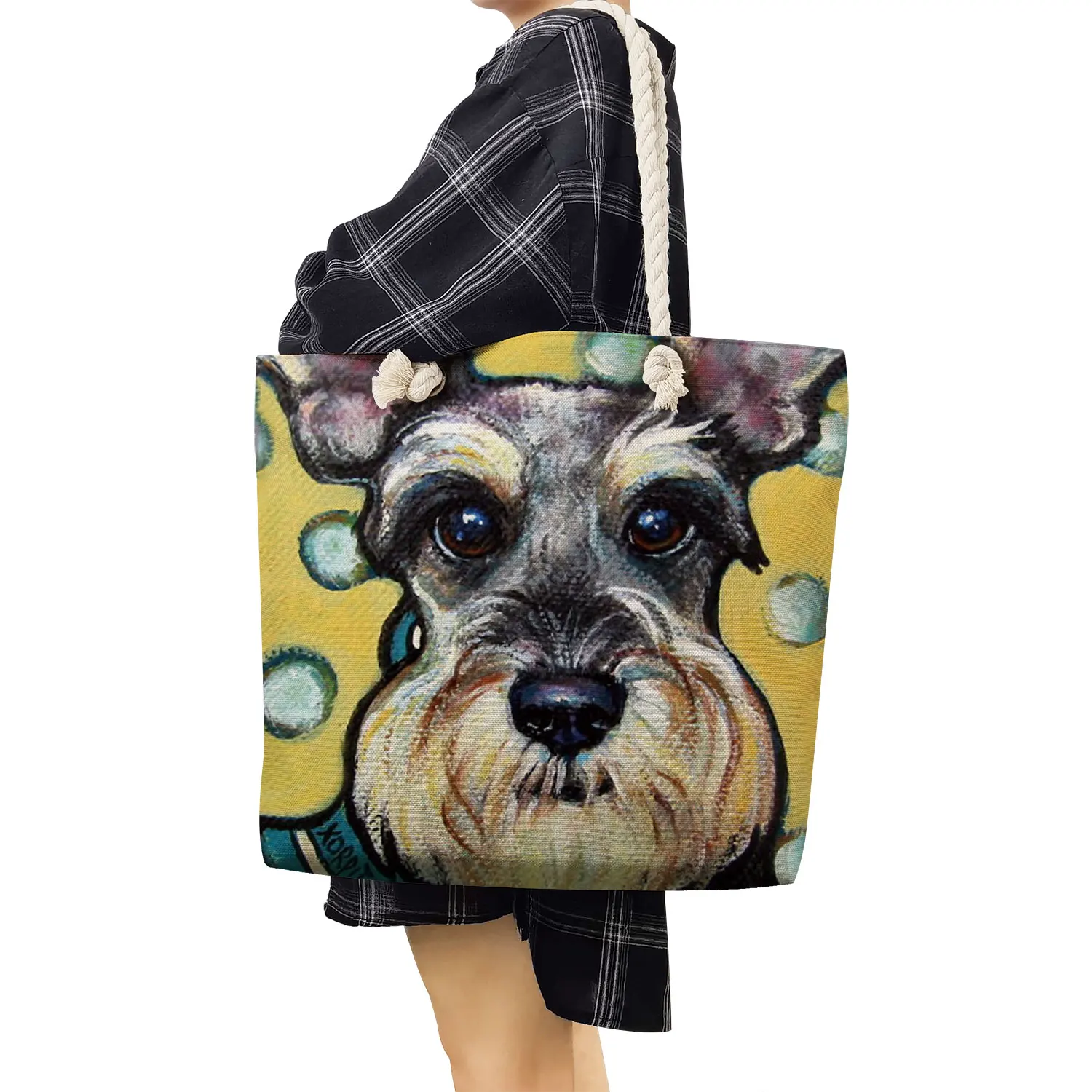 Cute Casual Shopping Shopper Bags Customizable Large Capacity Schnauzer Dog Painting Handbags For Women Lady Korean Shoulder Bag