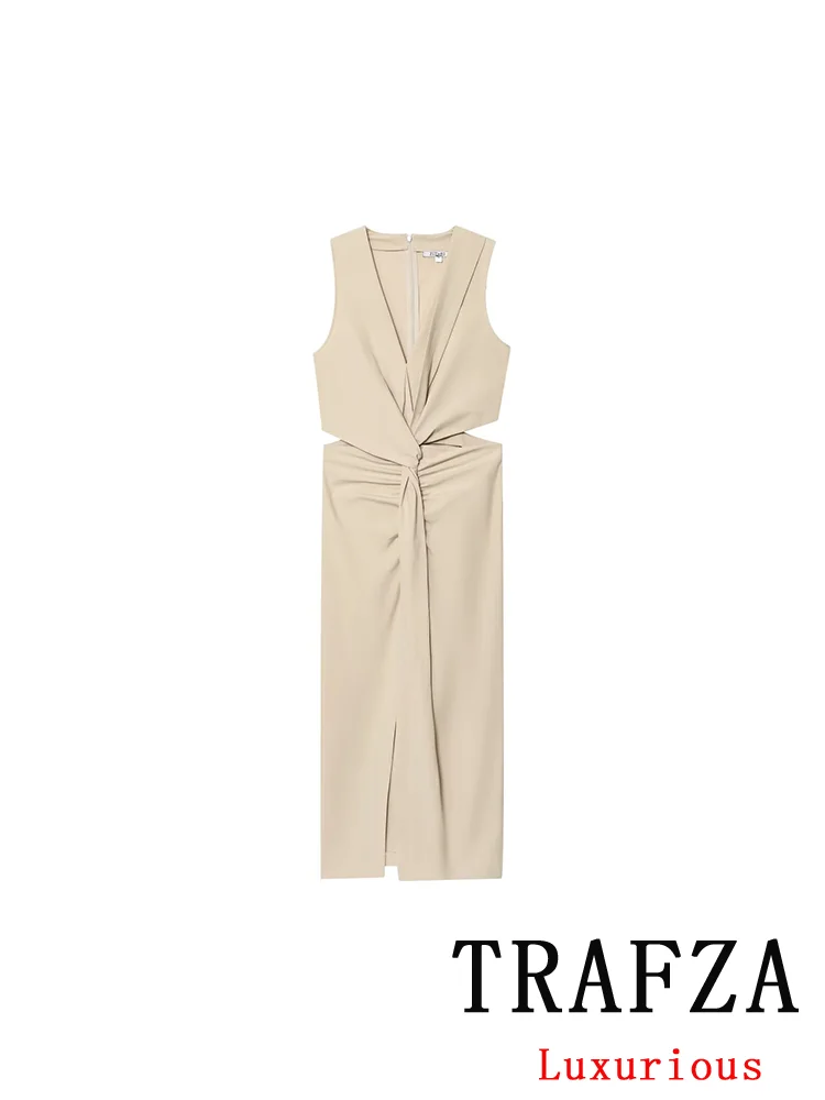 

TRAFZA Elegant Chic Women Dress Solid V-Neck Front Knot Side Hole Sleeveless Long Dress New Fashion Summer Casual Holiday Dress