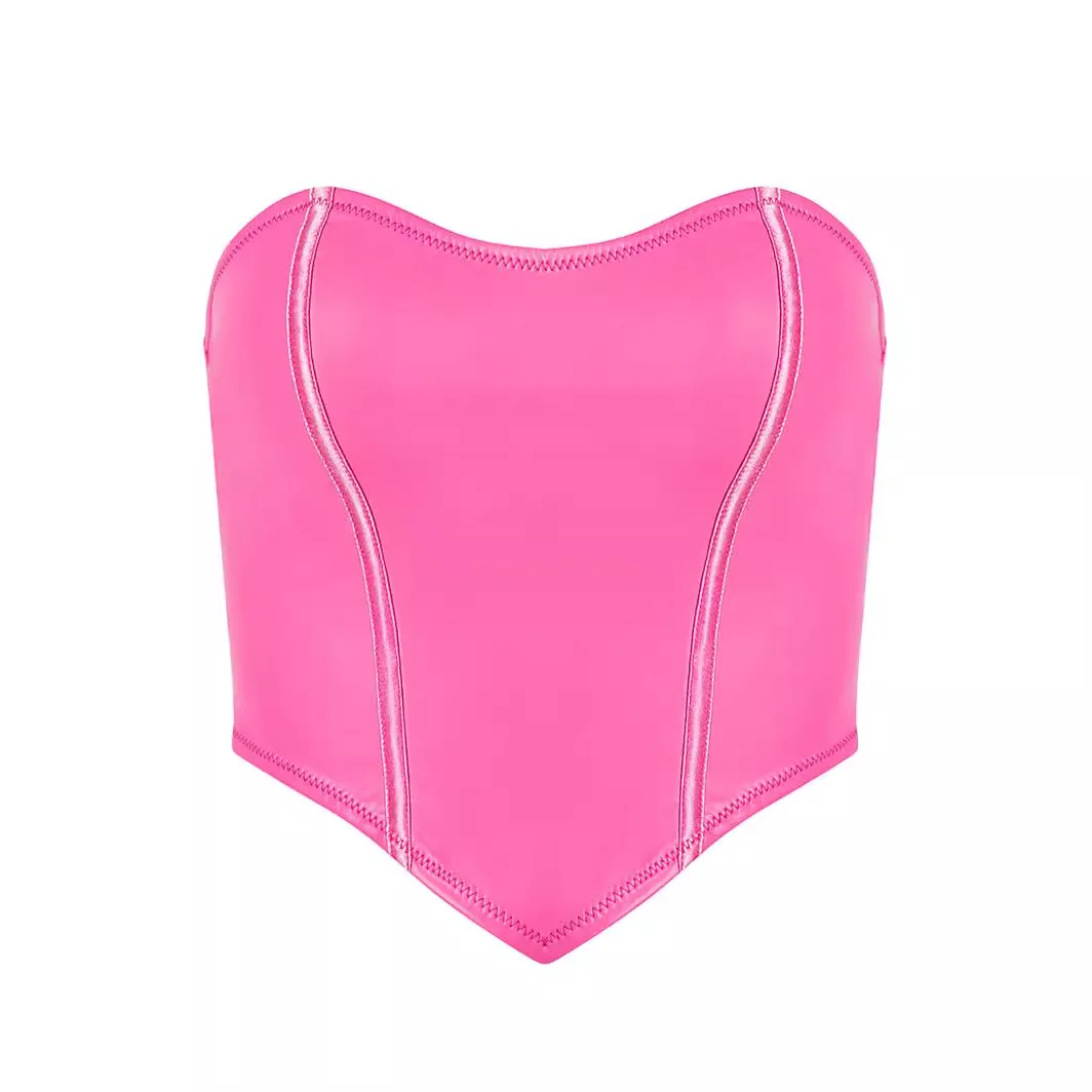 

Fashionable Pink PU Leather Strip Tube Top for Women Nightclub Wear Tops for Women Tube Bra Bustier Bandeau Top Bralette