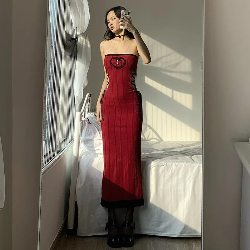 Summer Sexy Red Love Cross Tied Rope Hollow Striped Tube Top Cheongsam Dress for Women Halloween Carnival Party Dresses Qipao