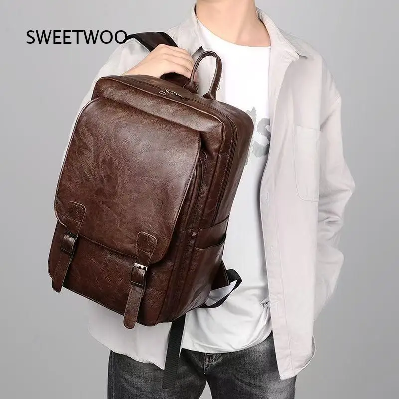 Men Brown Faux Leather Backpack Vintage Flap Laptop Rucksack Business Casual School Daybag with Buckle Straps