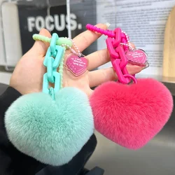 Cute Heart Bag Charm Natural Rex Rabbit Fur Keychain for Women Real Fur Pom Pom Key Ring on Bag Car Key Pendant