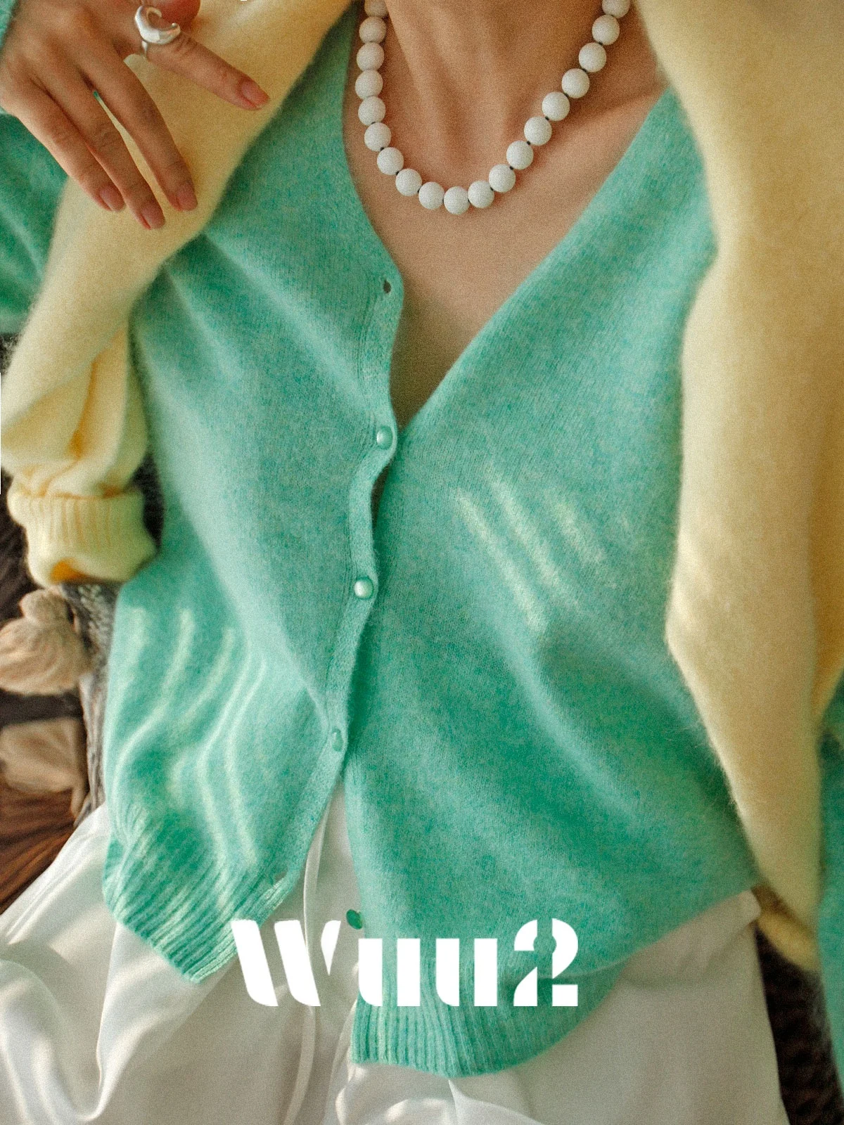 

Wuu2 Suzheda Soft Cashmere Green Knitted Open Cardigan Women's Layering Outerwear Top Early Spring Special Edition French Sty...