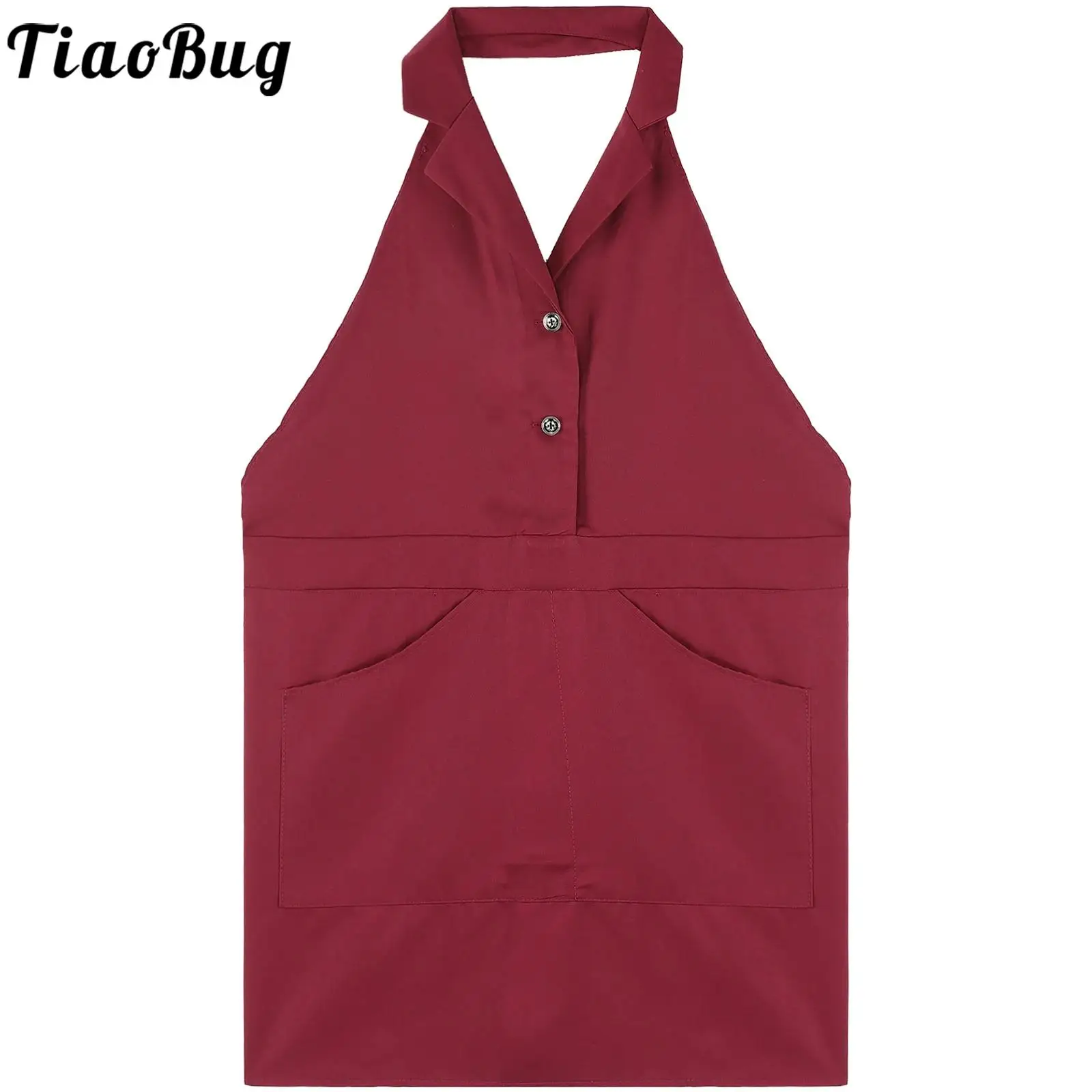 Women Solid Color Lapel Tie Back Button Apron Cooking Clothes for Cafe Bakery Restaurant Hotel Nail Salon Beauty Center