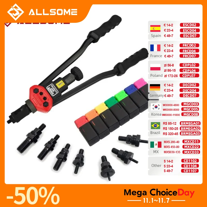 All[BT-607 16 "pistola per rivettatrice manuale Kit di utensili per rivetti a mano rivetto dado strumento di regolazione dado Setter M3/M4/M5/M6/M8/M10/M12