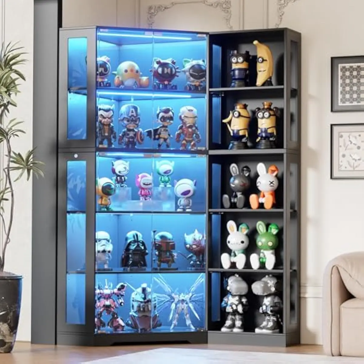 Display Cabinet with Tempered Glass Doors, Dual Section Design Featuring Adjustable Shelves, Tri-Color LED Lighting System, 71 I