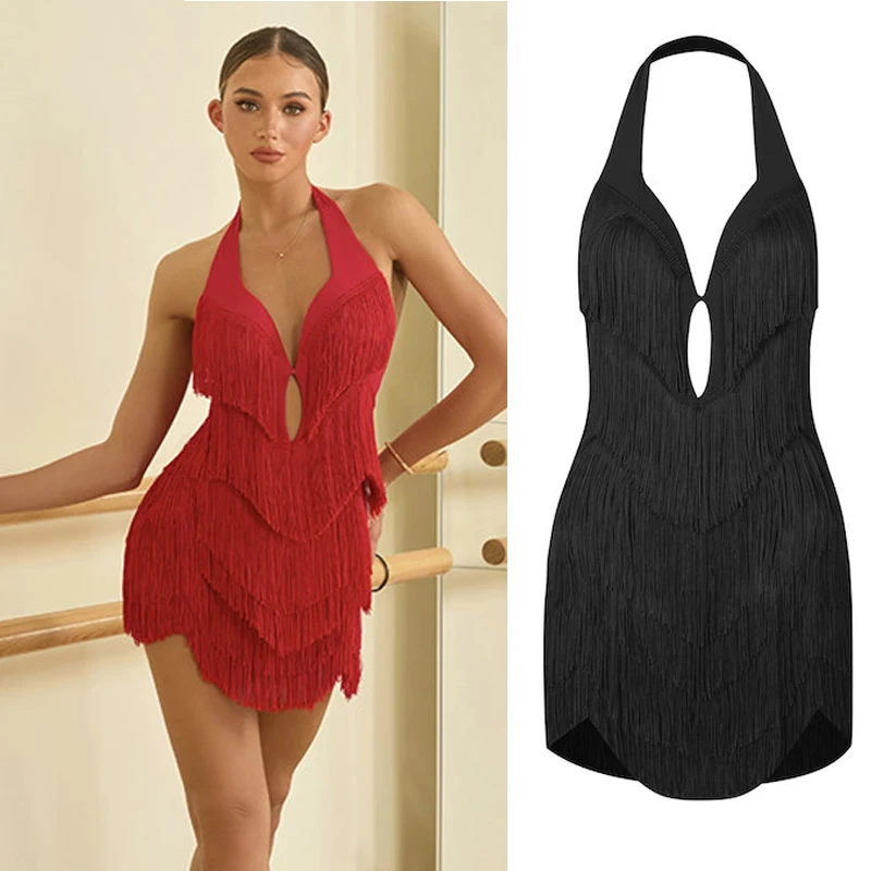 ZYM Full Fringed Latin Dance Dress Women Sexy Halter Latin Dance Competition Dress Adults Cha Cha Latin Dance Clothing SL15875