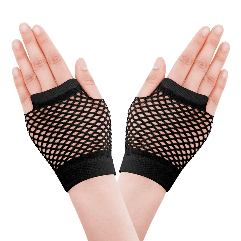 Guanti a rete senza dita corti in Nylon colorato guanti elastici da polso in rete al Neon scavati guanti accessori per costumi di Halloween