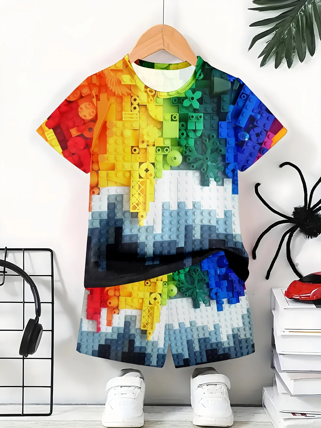 2026 Kinderkleidung 3D Bunte Bausteine Sommer-Oberteile Kinder-Sets Kurzarm Kinder-Trainingsanzüge Modische Jungenkleidung – Detail 9