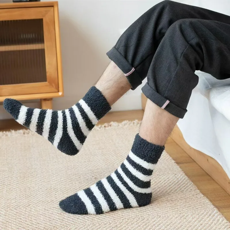 Gestreiften Socken Männer Weichen Mann Flauschige Socken Dicken Korallen Samt Winter Warme Hause Indoor Boden Terry Handtuch Fuzzy Socke Herren männlichen Meias