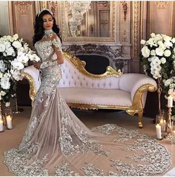 Long Sleeves Luxury Beading Formal Evening Dresses Mermaid Party Dubai Women Lace Crystals Prom Evening Gowns