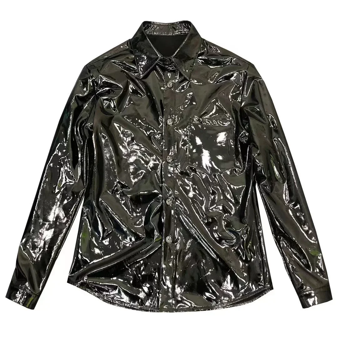

Shiny Faux Latex Men Long Sleeve Turn-down Collar Shirts Male Casual Solid Color Streetwear Wet Look Slim PU Button Shirt Custom