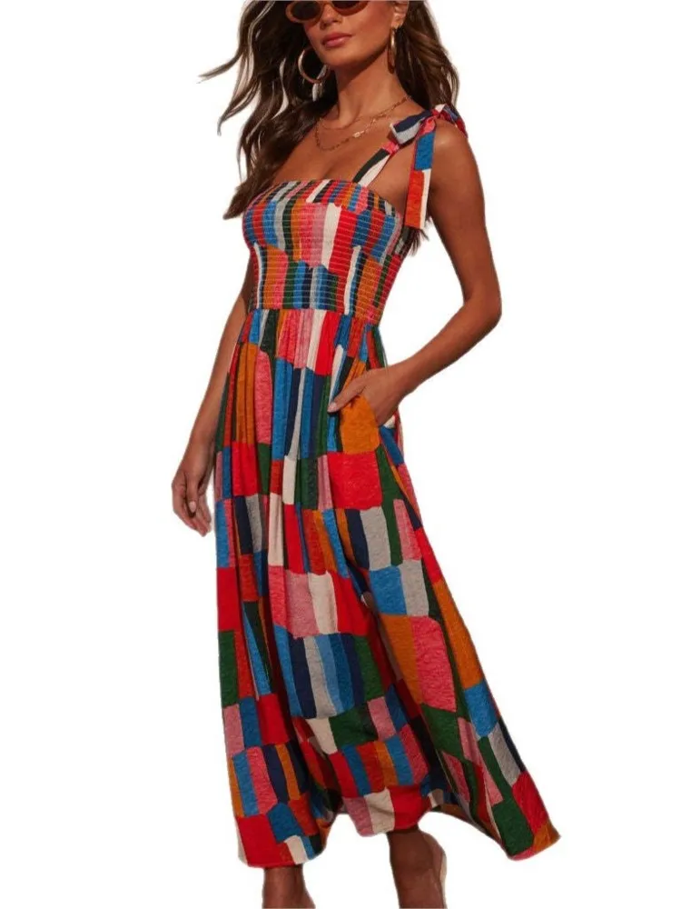 Elegant Printed Long Dress Women 2025 New Fashion Casual New Vacation Printed Sleeveless Lace Up Backless Color Colorful Dresses