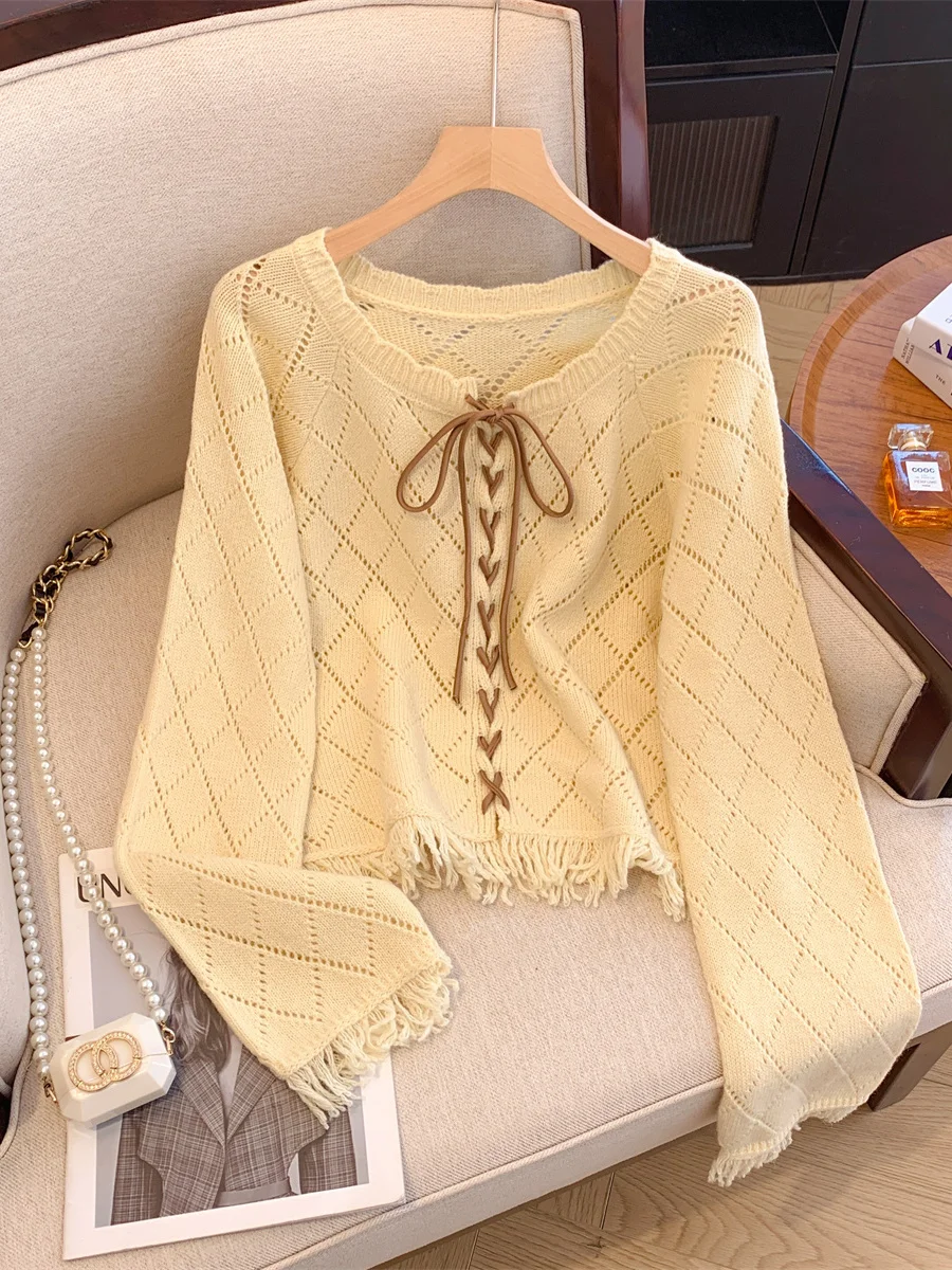 

Вязаный кардиган Sweet Sle с кружевной отделкой и поясом-бинди, длинный рукав, круглый вырез, ажурный шелковый топ для женщин